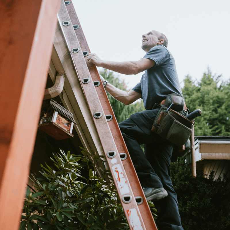 Man standing on a ladder making his home ready for storm season